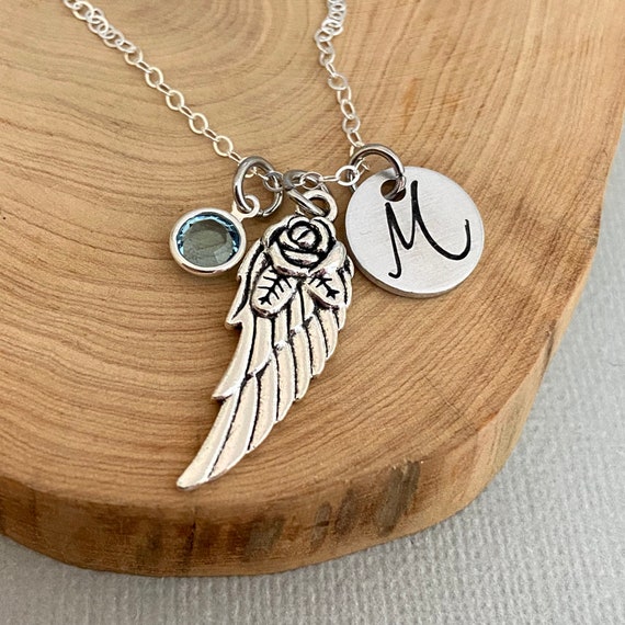 Personalized Angel Wing Necklace Sterling Silver Mothers Necklace Initial  Necklace Monogram Jewelry Gift for Mom Memorial Jewelry