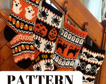 May include: Four knitted stockings featuring Halloween motifs including ghosts, candy corn, pumpkins, spiders, black cats, bats, and skulls in orange, black, and white yarn. The text PATTERN ONLY! is overlaid on the image in black capital letters.