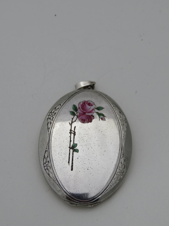 Silver Locket with Enamel Roses
