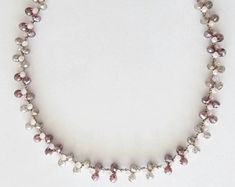 Crochet choker with platinum-colored jewel yarn and crystals.