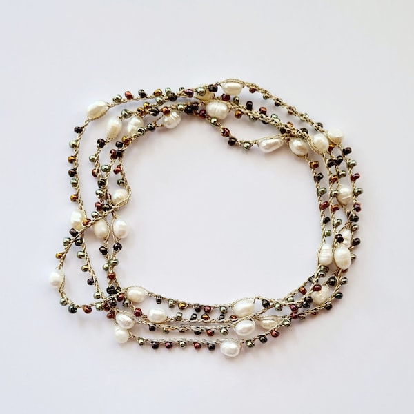 Long crochet necklace with gold jewel yarn, freshwater pearls and Japanese precision beads