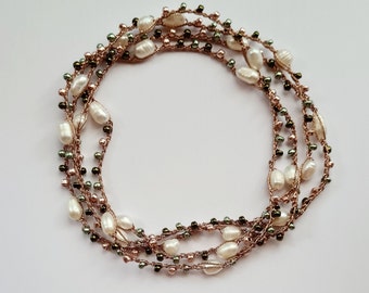 Long crochet necklace with rose gold jewel yarn, freshwater pearls and Japanese precision beads