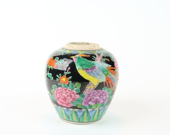 Vintage Japanese Vase Noire Excotica bird and Flowers Design Jar No Lid| Colorful Asian Chinoiserie Decor