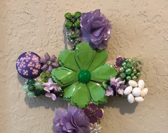 Mother's Day Easter Spring Bright colors purple and green jeweled cross wall hanging. Enamel flower