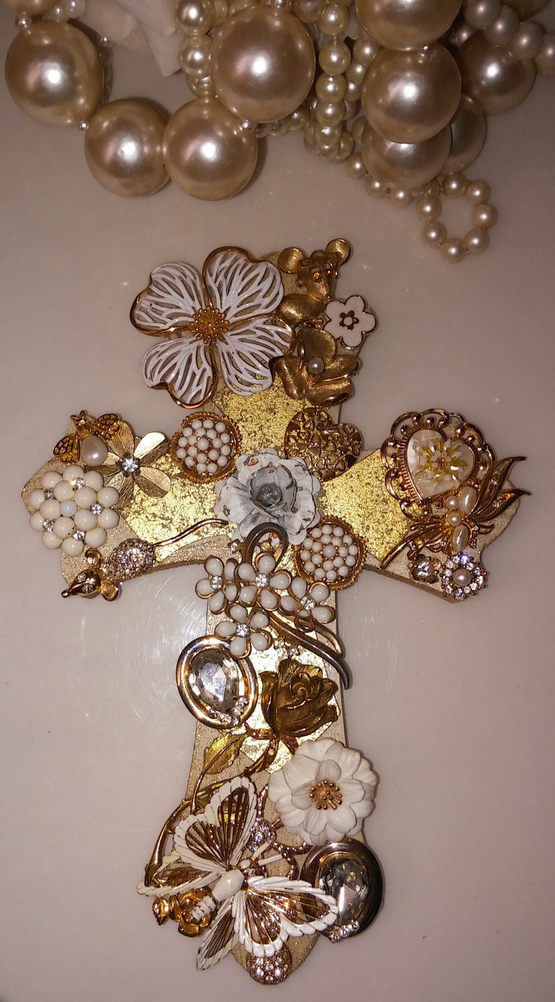 Gold white jeweled cross wall hanging wedding anniversary Etsy