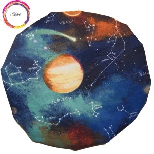 Puede incluir: Una tela azul y verde con un diseño de temática espacial. La tela presenta un gran planeta naranja, un cometa y constelaciones con sus nombres, incluyendo Júpiter, Venus y Saturno.