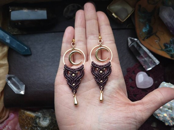 Ohrringe Ohrhänger earrings Macrame makramee macramee Geschenk Geburtstag Hippie gypsy wedding birthday Mond moon Tribal Boho brass messing