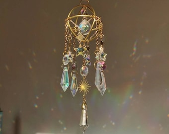 Small hanging suncatcher window pendant car brass brass gold Hippie witchy magical sun catching pendant car window sparkling crystals