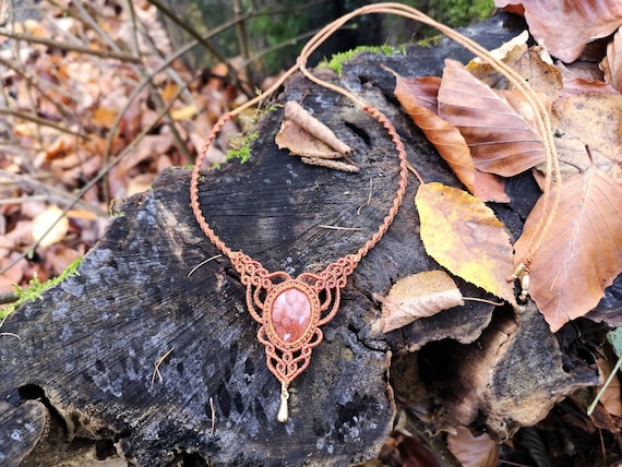 Kette Anhänger Collier Macrame makramee macramee crystal Edelstein Heilstein Heilung fossil tribal moon stone mondstein Hippie Boho jewelry