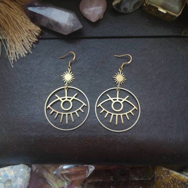 Ohrringe Ohrhänger earrings Geschenk brass messing gold Hippie witchy magic sonne sun stars Stern crystal hoop jewelry 3rd third eye eyes