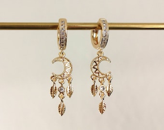 14k gold plated moon dreamcatcher huggie hoops huggies earrings earrings for her golden elegant waterproof valentines day gift