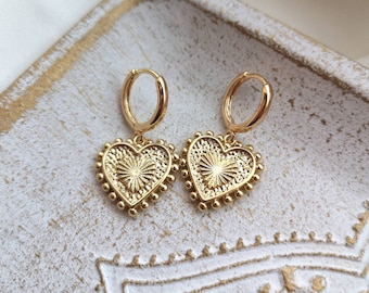14k gold plated romantic heart valentines day earrings huggie hoops huggies earrings earring gift idea golden crystal waterproof jewelry