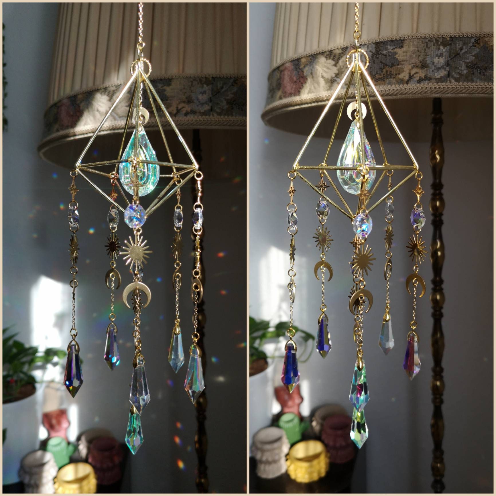 Geometric Hanging Suncatcher window pendant gold golden hippie style witchy magical sun catching window decor sparkling big rainbow maker