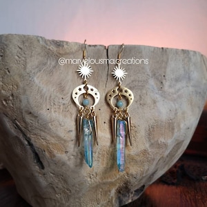 Ohrringe Ohrhänger earrings Geschenk brass messing gold Hippie gypsy witchy magical blue angel aura quarz quartz boho sun sonne amazonite image 1