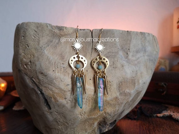 Ohrringe Ohrhänger earrings Geschenk brass messing gold Hippie gypsy witchy magical blue angel aura quarz quartz boho sun sonne amazonite