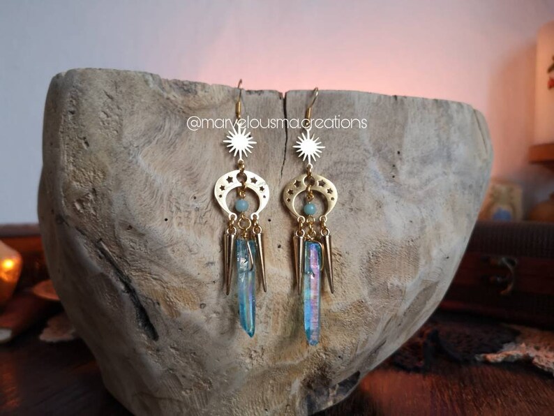 Ohrringe Ohrhänger earrings Geschenk brass messing gold Hippie gypsy witchy magical blue angel aura quarz quartz boho sun sonne amazonite image 1