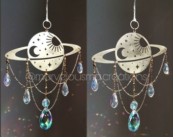 Suncatcher, Sonnenfänger Fenster Anhänger, window decoration brass gold, sun catcher, rainbow glass crystals, big large saturn Planet charm