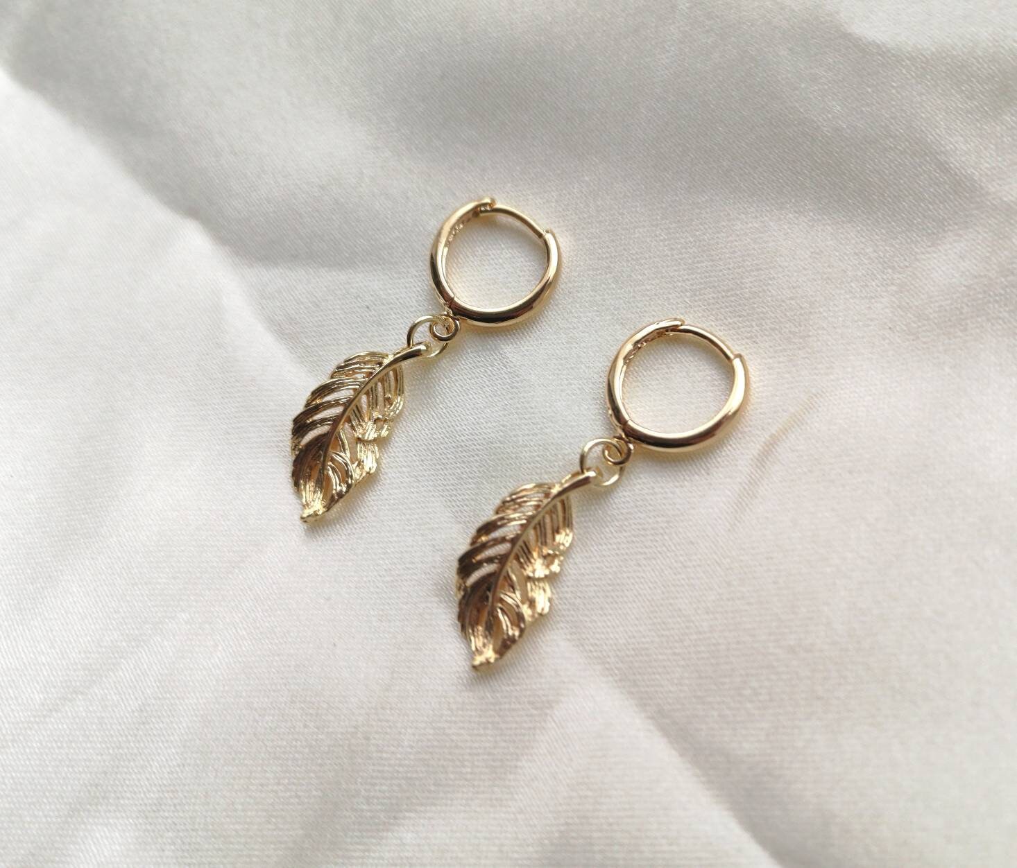 14k gold plated cute huggie hoops feather feathers huggies feather earrings drop earrings birthday gift idea golden elegant waterproof