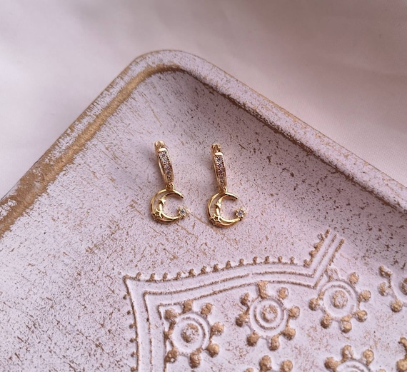 14k Gold Plated Celestial Crescent Moon Angels Huggie Hoops  display picture 1