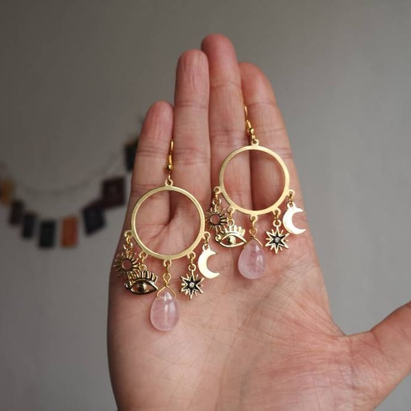 Ohrringe Ohrhänger earrings brass messing gold Hippie birthday witchy Tribal moon eye magical auge Mond Sonne sun star Rosenquarz rose quarz