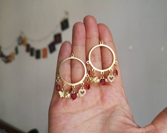 Ohrringe Ohrhänger earrings brass messing gold Hippie birthday gift idea magical red glass crystals romantic girlfriend butterfly heart wing