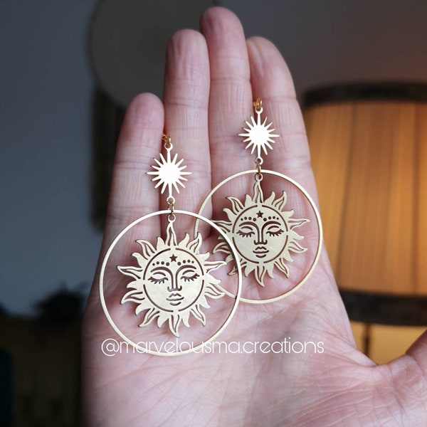 Ohrringe Ohrhänger earrings Geschenkidee brass messing gold Hippie witchy magic stars Stern crystal hoop Planet moon jewelry sun Sonne mond