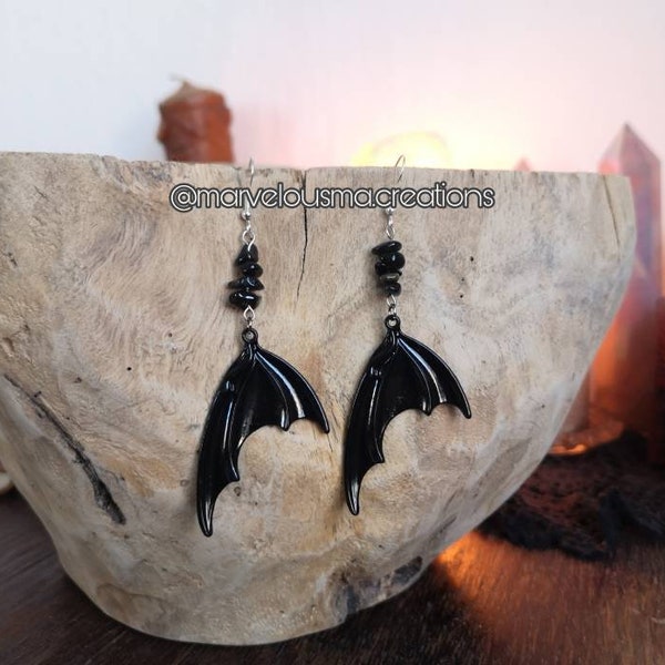 Ohrringe Ohrhänger earrings Hippie witchy magical moon star Stern sun hoop schwarz bat wing fledermaus halloween black obsidian crystals