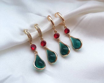 Howls Moving Castle Studio Ghibli inspired earrings ear hangers cosplay anime gold plated huggie hoops howls earring green red crystals