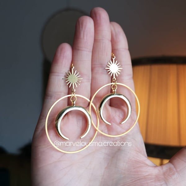 Ohrringe Ohrhänger earrings Geschenkidee brass messing gold Hippie witchy magic stars Stern crystal hoop Planet moon jewelry sun Sonne mond