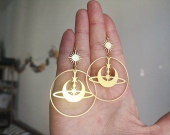 Earrings earrings earrings gift brass brass gold hippie witchy tribal magic sun sun stars star crystal hoop Planet Saturn jewelry