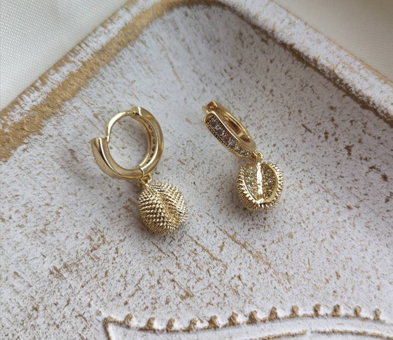 14k Gold Plated Smelly Durian Fruit Earrings Huggie Hoops Huggies Earrings Drop Earrings Gift Idea Golden Crystal Earrings Waterproof Jewelry Etsy UK