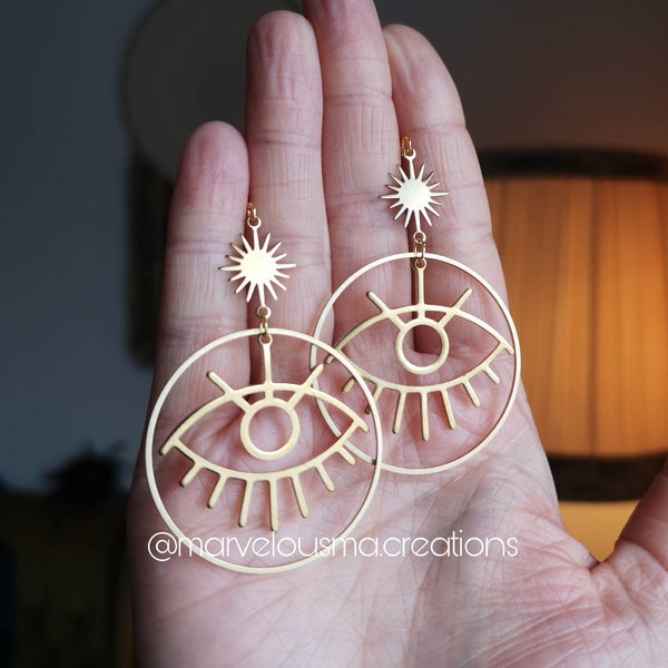 Ohrringe Ohrhänger earrings Geschenkidee brass messing gold Hippie witchy magic stars Stern crystal hoop Planet jewelry sun Sonne eye eyes