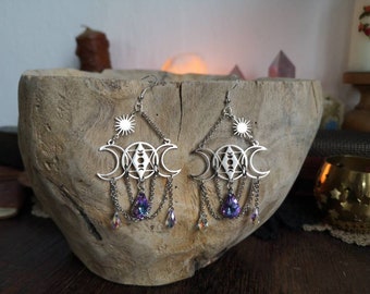 Earrings earrings hanging earrings silver stainless steel witchy magical moon phase moon star witch moon phases sun catcher sacred geometry