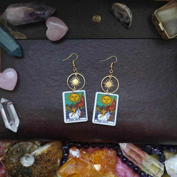 Ohrringe Ohrhänger earrings brass messing gold Hippie witchy magical moon eye Auge Tribal star Stern the sun moon tarot card die Sonne stern