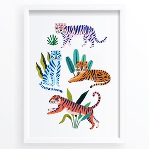 Jungle Tigers Art Print, Nursery Decor, Rainforest, Botanical Illustration, Tropical Decor, Wild Cats, Poster, Safari, Nursery Wall Art image 4