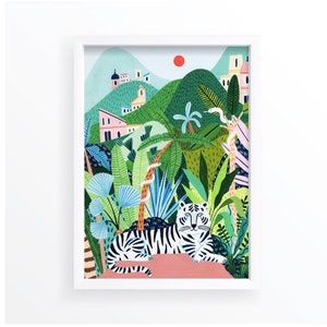 May include: A white tiger with black stripes is lying down in a lush green jungle setting. The tiger is surrounded by palm trees, ferns, and other tropical plants. There are pink and white buildings in the background, and a red sun is visible in the sky.