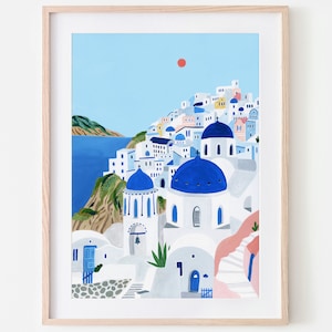 Santorini Greece Wall Art Travel Poster Coastal Wall Art Gallery Bathroom Print Kitchen Wall Art Blue and White Anniversary Wedding Gift