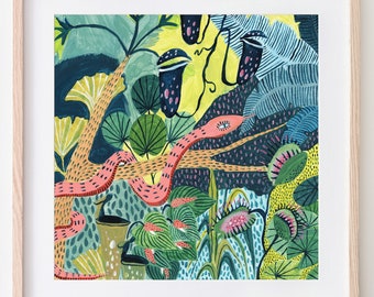 May include: A colorful illustration of a jungle scene with a pink snake winding through the foliage. The background features green, blue, and yellow leaves, and there are several black pitcher plants with pink and white details.
