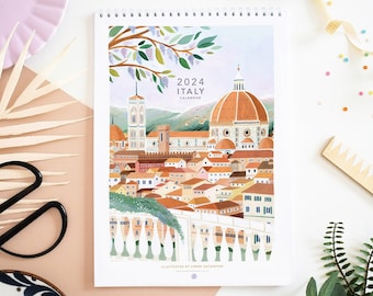 Kalender, 2024 Italië reiskalender, maandkalender, reismuurkalender, geïllustreerde 12 maandenkalender, reiscadeau, wanddecoratie