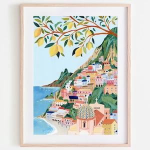 Positano Italy Wall Art Travel Poster Amalfi Coast Print Kitchen Decor Hand painted New Home Housewarming Gift Colourful Trendy Apartment