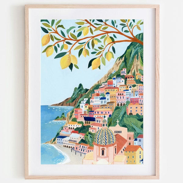 Póster de viaje de Positano, Italia, arte mural, impresión de la costa de Amalfi, decoración de cocina, pintado a mano, regalo de inauguración de la casa, apartamento colorido y moderno.