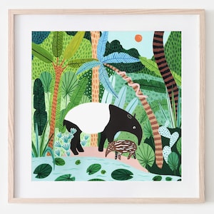 Malayan Tapir & Baby Print, Botanical Print, Safari, Nursery, Animal Prints, Botanical Illustration, Home Decor, Nursery Wall Art, Tropical