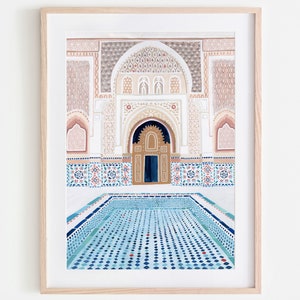 Impression d'art Marrakech, impression d'art Maroc, Medersa Ben Youssef, impression de voyage, affiche de voyage, décoration marocaine, cadeau de pendaison de crémaillère, cadeau d'anniversaire