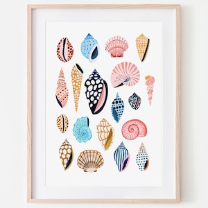 Puede incluir: Un fondo blanco con una colección de conchas marinas de colores. Las conchas están pintadas en varios tonos de azul, rosa, amarillo y negro. Las conchas están dispuestas en un patrón aleatorio.