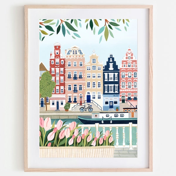 Amsterdam Print Netherlands Travel Poster Colorful Cityscape Wall Art Gallery Wall Decor Bathroom City Wall Art Kitchen Apartment