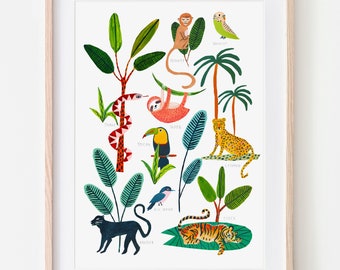 May include: A colorful illustration of a jungle scene with various animals, including a toucan, a sloth, a monkey, a jaguar, a snake, and a tiger. The illustration is surrounded by green leaves and palm trees.