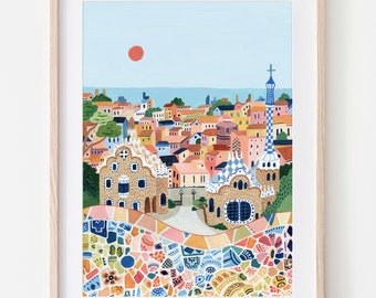 Barcelona Travel Print, Park Guell, Travel Gift, Barcelona Poster, Europe Print, Spain Art Print, Travel Art Print, Housewarming Gift