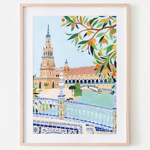 Seville Travel Poster Spain Art Print Kitchen Wall Art Bathroom Blue and White Colorful Gallery Wall Quirky Wall Decor Housewarming New Home