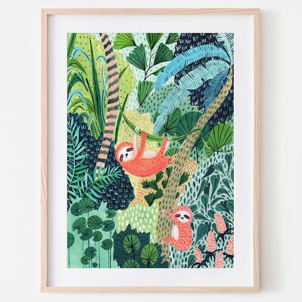 Sloth / Jungle / Sloth Print / Botanical Illustration / Sloth Gift / Tropical / Safari/Botanical Print/Home Decor/Sloth Art/Nursery Wall Art