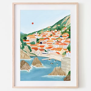 Lámina artística de Dubrovnik, arte de Croacia, póster de Dubrovnik, regalo de viaje, póster de viaje, arte mural de Croacia, regalo de viaje, decoración del hogar, inauguración de la casa